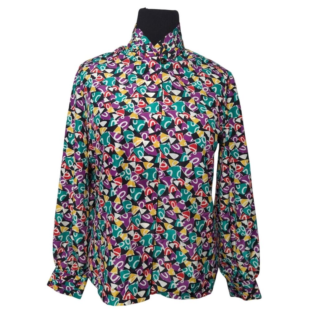 VTG Bleyle Abstract Print Button Up Blouse Multicolor Long Sleeve Women's